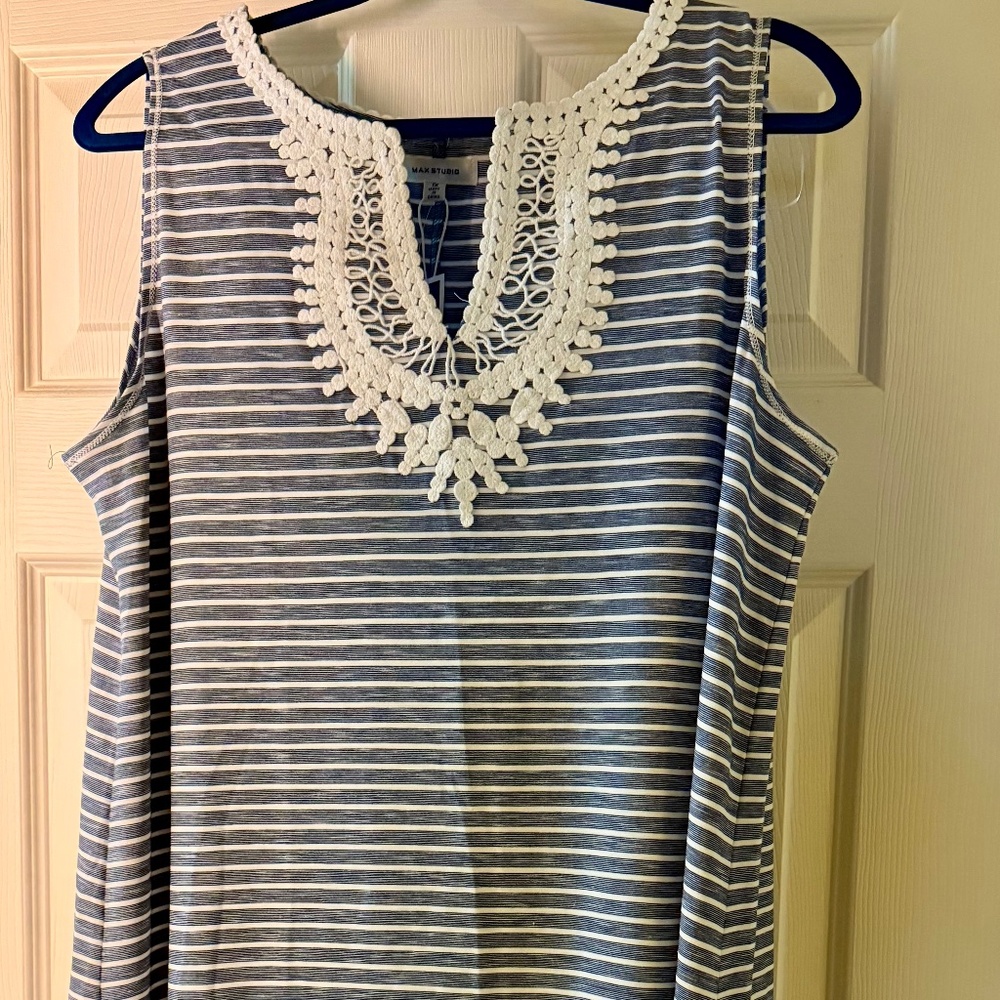 Max Studio sleeveless sundress, blue/grey and white pinstripe, NWT